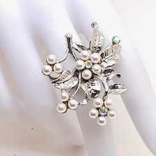 R001 Flower Faux white Pearl clear ab Rhinestone silver adjustable fashion Ring
