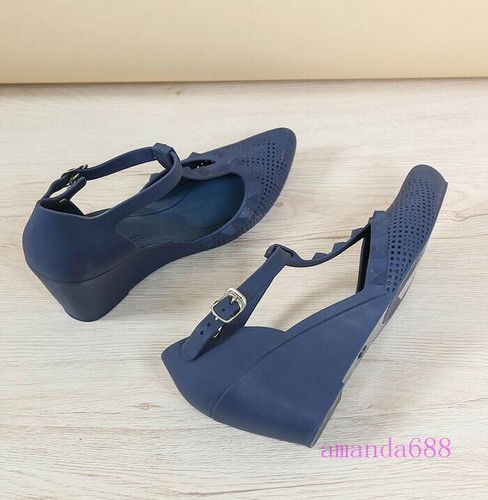 Womens Summer Plastic Wedge High Heels Jelly Shoes T-strap Waterproof Sandals Sz - Picture 8 of 18