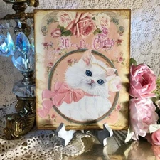 Merry Pink Christmas Cat, White Kitten, Handcrafted Plaque / Sign