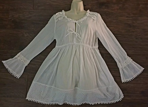 1970s Style Hippie Boho Broderie Anglaise Ruffle Tunic Dress Blouse Top Size 14