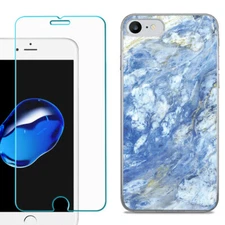 For Apple iphone SE 2020 Slim Case, Tempered Glass - Marble / Gem Blue