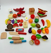 Lot of 44 Pc Kids Pretend Play Plastic & Wood Food Fruit Meat Vegetables