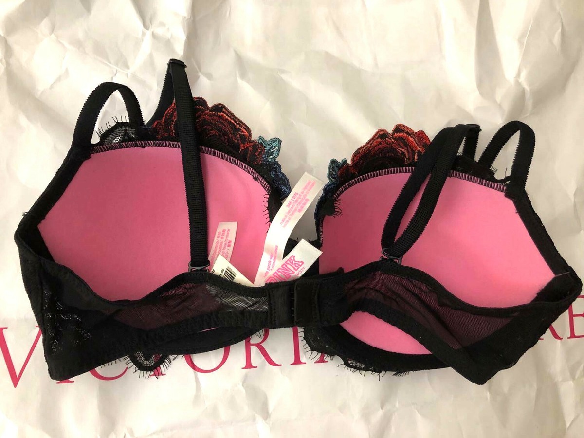 Victoria's Secret Pink Date Lace Push-up Bra Black Rose Embroidery