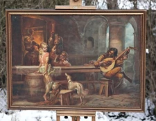 Mattia Traverso (1885-1956) - Genre Scene In The Tavern, Oil On Canvas Painting