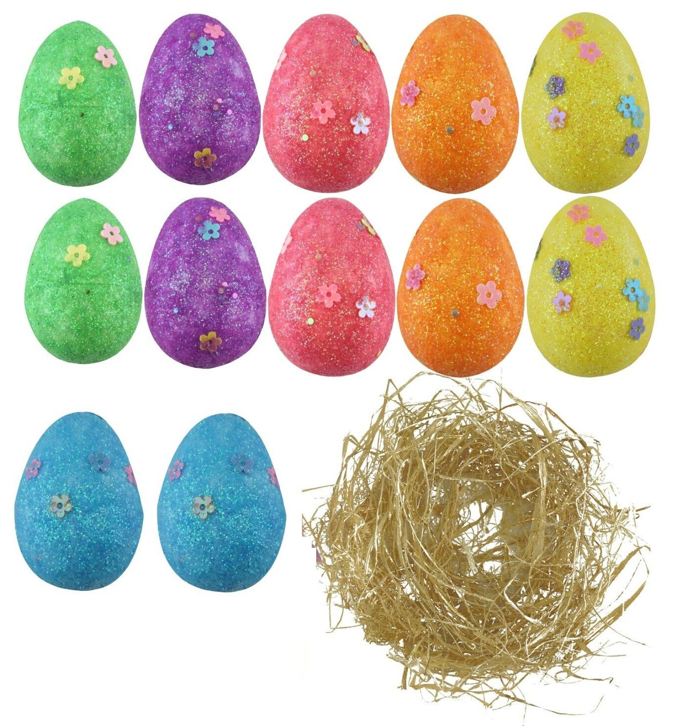 12 Easter Glitter Foam Eggs & Straw Grass Nest Bonnet Decorations Hunt Games