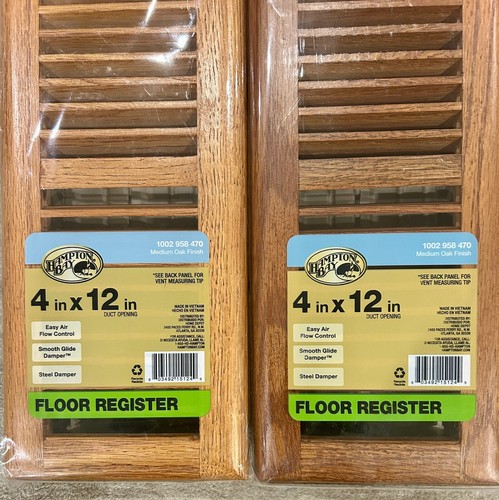 Hampton Bay 4x12" (lot of 2) Wooden Floor Register-Medium Oak Finish/unopenede - Picture 2 of 9
