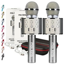 Mockins 2 Pack Silver Wireless Bluetooth KARAOKE MICROPHONE Holiday Gift, kids