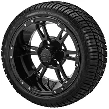 (4) Golf Cart 215/35R12 Deli Radial Tires on 12x7 Gloss Black Raptor Wheels
