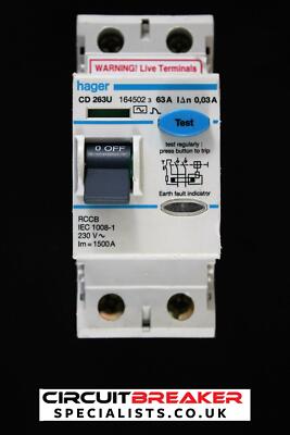 HAGER 63 AMP 30mA DOPPELPOLIG RCCB RCD TYP AC CD263U 164502