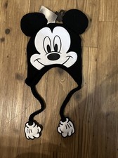 Disney Mickey Mouse Knit Hat w/Ears Braided Tassels With White Gloves OSFM