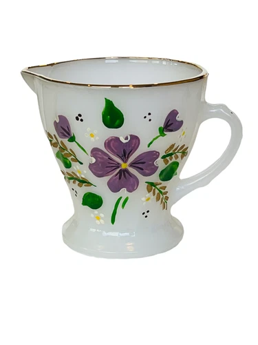 Anchor Hocking Creamer Milk Glass Fire King Oven Proof Purple Floral antique vtg