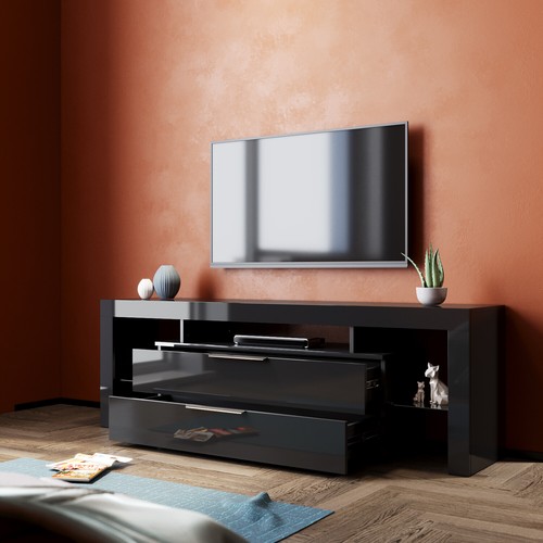 TV Cabinet Black TV stand Entertainment Unit RGB Gloss Furniture with drawers - Picture 7 of 12