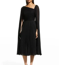 Rickie Freeman for Teri Jon Black Pleated Split Sleeve Chiffon Dress, NWT, US 16