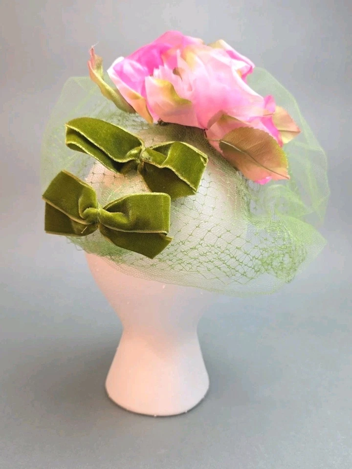 Sombrero Fascinador Floral Rosa Verde Vintage Foto 3 de 4