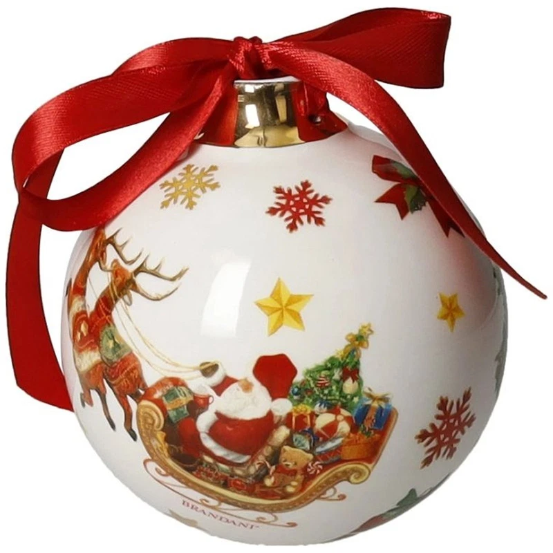 Palla di Natale Ceramica BRANDANI Christmas Babbo Natale Slitta Renne 10 cm