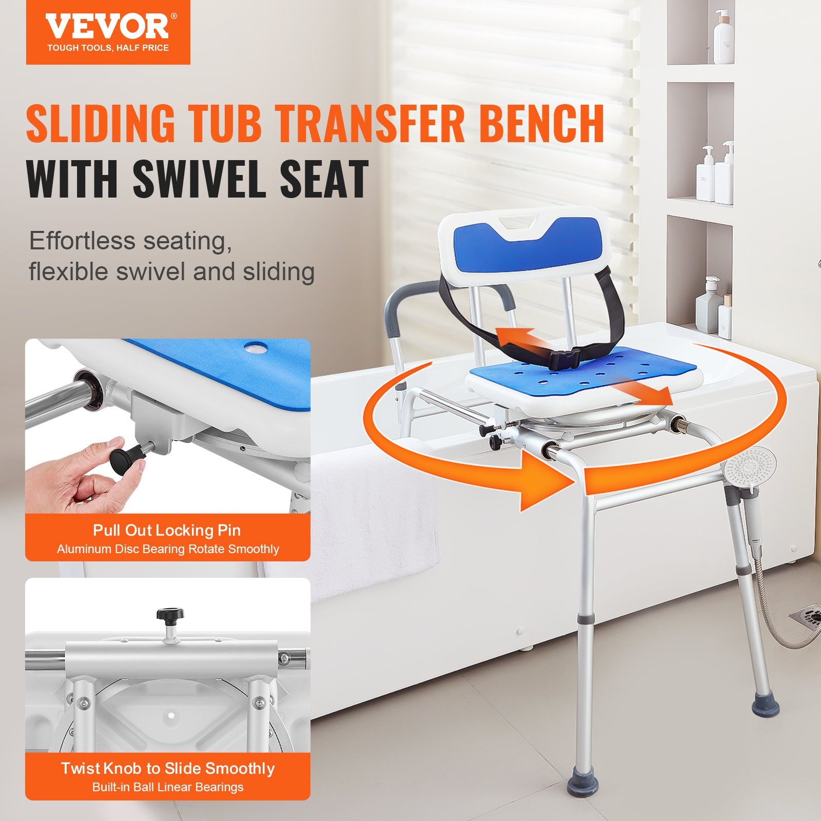VEVOR Sliding Tub Transfer Bench with 360 Degree Swivel Seat, Height Adjustable