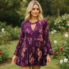 NEW Patrons of Peace Floral Bell Sleeve Keyhole Dress Fairy Feminine Bohemian M