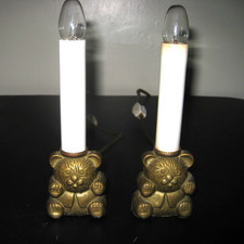VTG Set of 2 Brass Teddy Bear Electric Window Candle Lamps Nite Lights Working