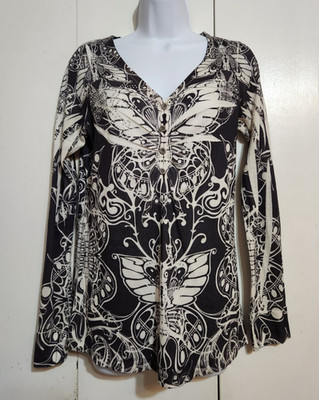 Medium One World Unity Black White Butterfly Boho Embellished Long Sleeve Top