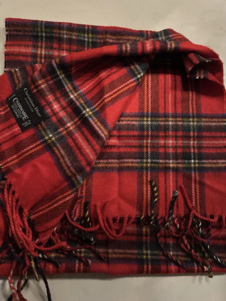 Christian Dior Vintage Cashmaire Fringed Red Plaid 100% Acrylic Scarf Holiday - Image 2 of 3
