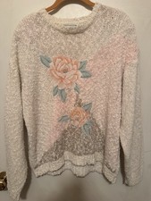 Vtg Shenanigans Floral Knit Sweater Large White Pink Pastel Pearls Grandma Core