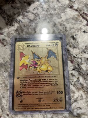 Pokeman Card Holo Charizard Metal Card Gold 1st Edition 4/102