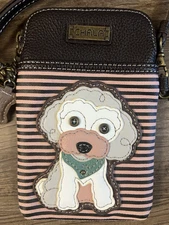 NEW CHALA BROWN PINK STRIPE POODLE CELL PHONE CROSSBODY PURSE ADJUSTABLE STRAP