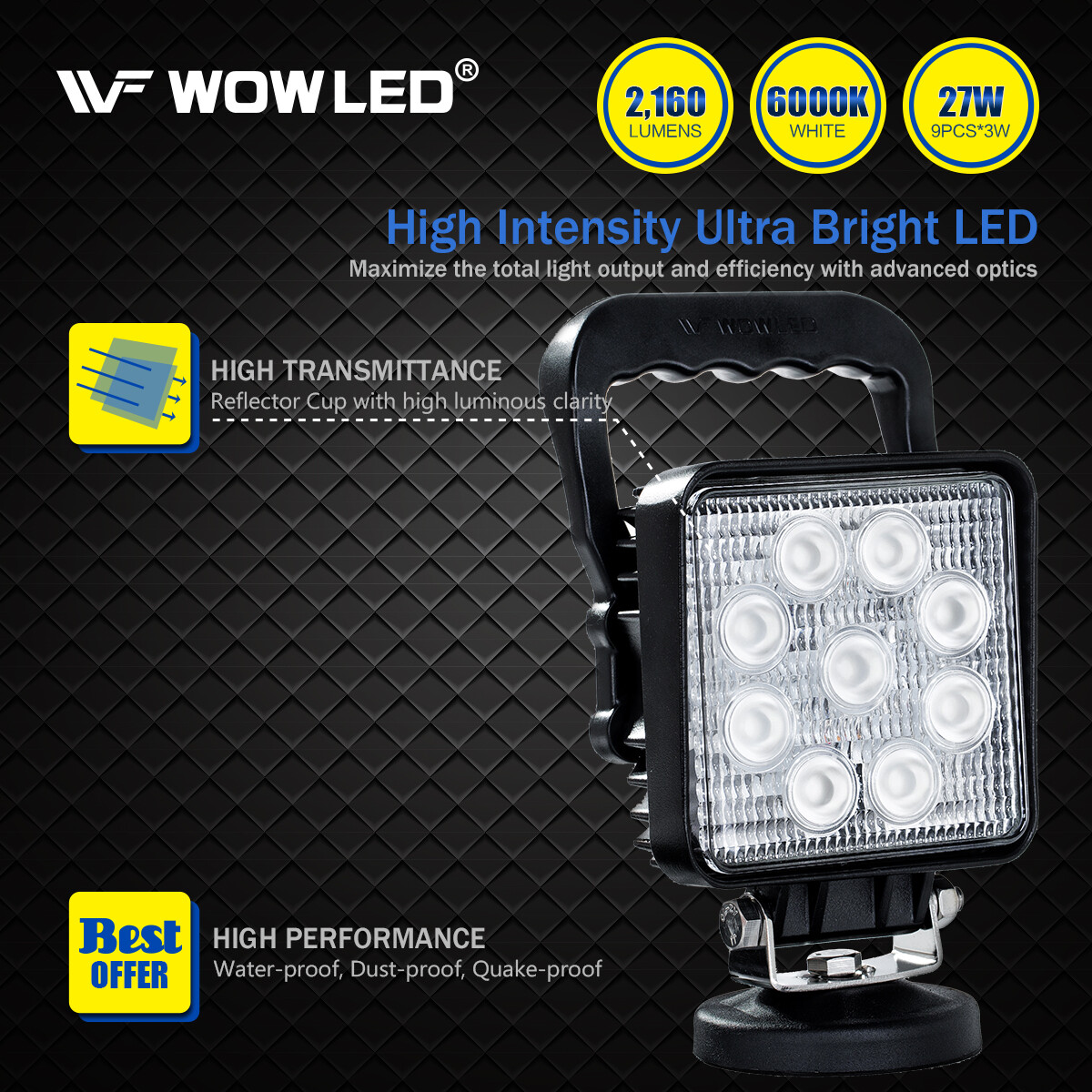 WOWLED 27W 12V LED Work Light Offroad Flood Lamp Square Floodlight Truck Boat
