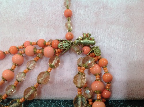 Miriam Haskell Signed Rare 4 Strand Summery CORAL Colored Bead Crystal 16" Neckl - Picture 6 of 12