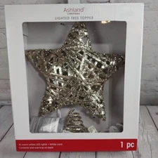 Christmas Tree Topper Basketweave GOLD Glittered Star Clear Lights Ashland 11"