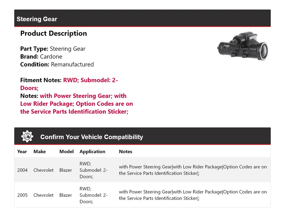 Для 2004-2005 Chevrolet Blazer 2 двери RWD рулевое управление Cardone - Изображение 2 из 4