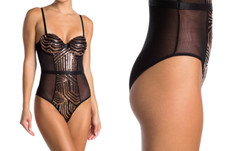 Black Fuchsia Secret Lace Womens Sequin Panel Bodysuit Size Small Art Deco New
