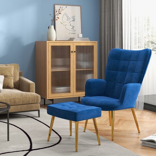 Armchair Velvet Accent Chair Tufted Wingback Recliner Ottoman Footstool Bedroom - Picture 14 of 27