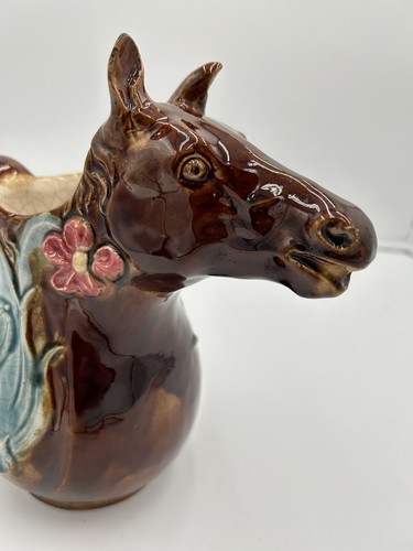 Antiker französischer Barbotine Pferd Krug Onnaing Stil Keramik handbemalt floral - Bild 2 von 24