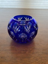 BEAUTIFUL VTG Cobalt Blue Cut To Clear Art Glass Votive Candle Holder 3"H