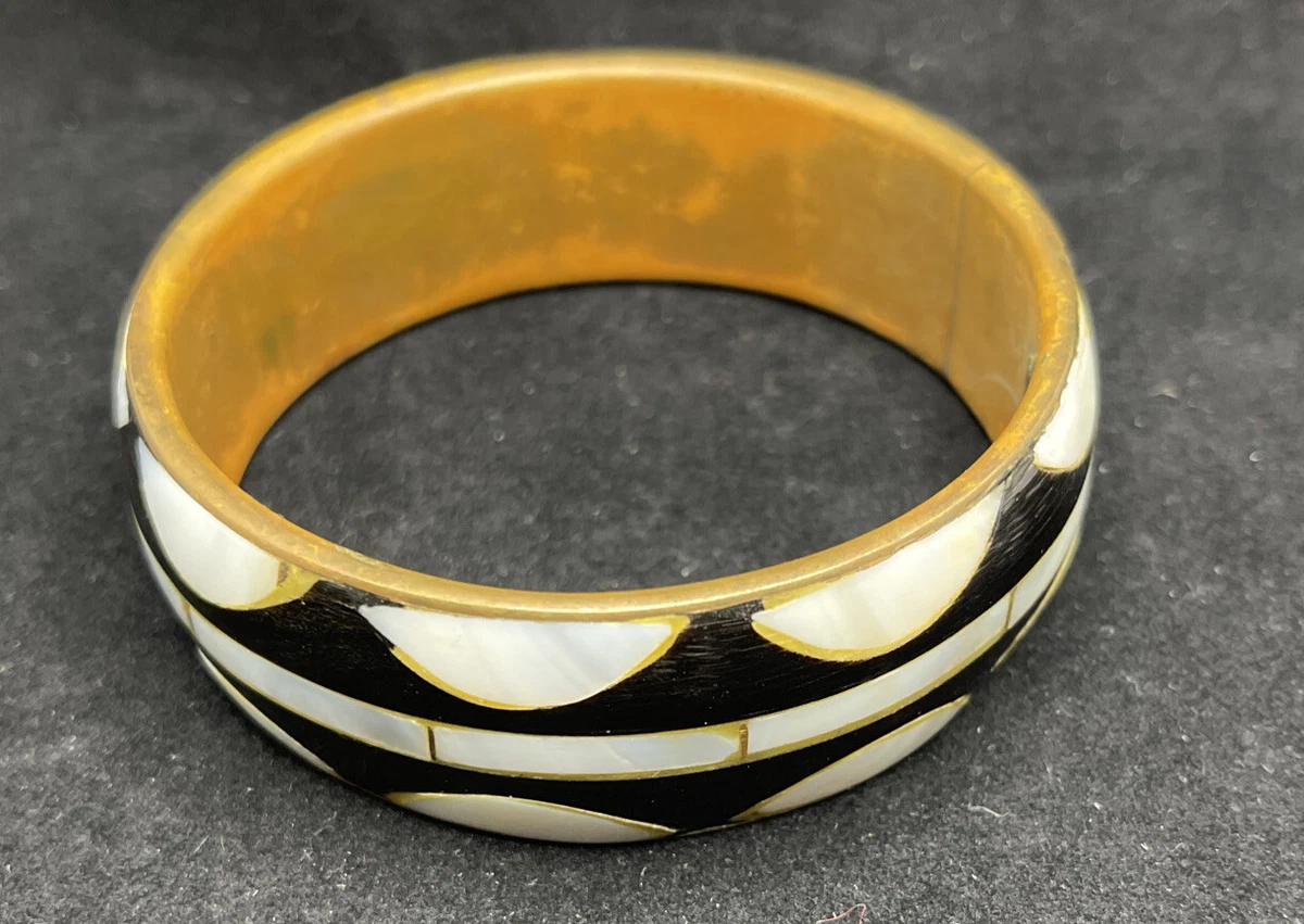 Vintage mother of pearl and brass inlay black wood bangle bracelet