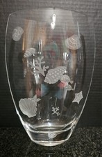 Sea Life Vase Etched Clear Glass Fish Shells Underwater Thick Base Unmarked 12"H