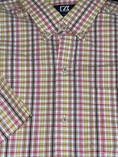 Cutter & Buck Men's Button down Shirt check Pink Yellow brown Short Sleeve Large