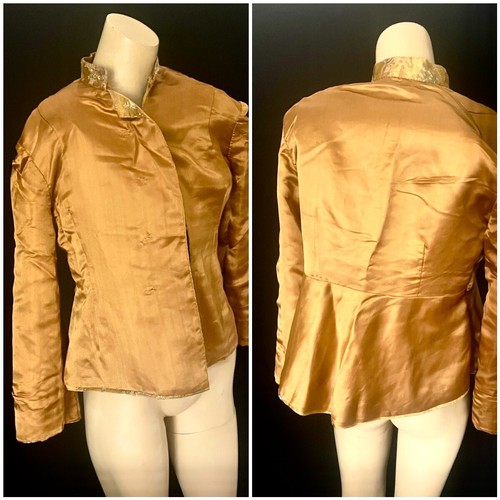 Chaqueta asiática brocada de seda albaricoque dorado de la década de 1940, peplum, mangas de campana, mediana, excelente - Imagen 9 de 9