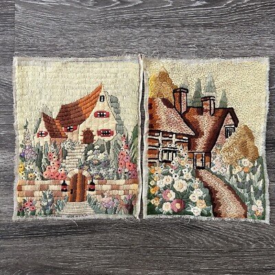 Set of 2 Vintage Bucilla Completed Crewel Embroidery Needlecraft Cottagecore Art