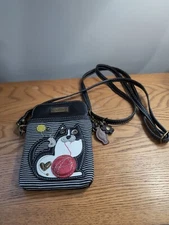 Chala Fat Cat NWT Crossbody Pouch Phone Striped Bag Black & White Cat Red Yarn