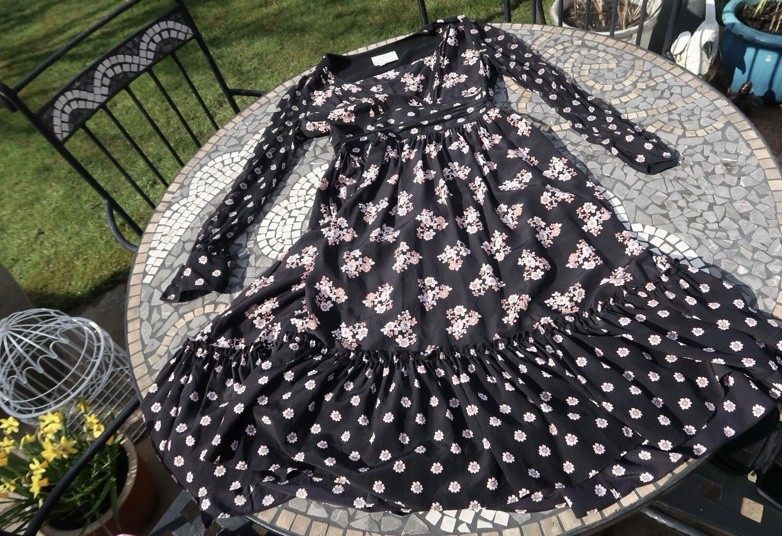 Abito Kate Spade 2 100% seta nero floreale manica trasparente