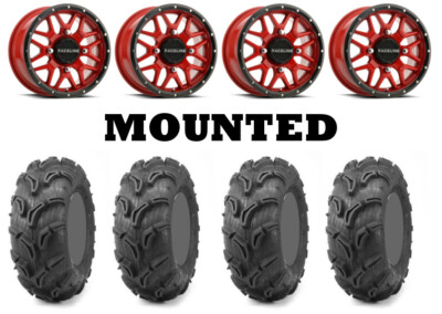 Kit 4 Maxxis Zilla Tires 27x10-14 on Raceline Krank Red Wheels 550