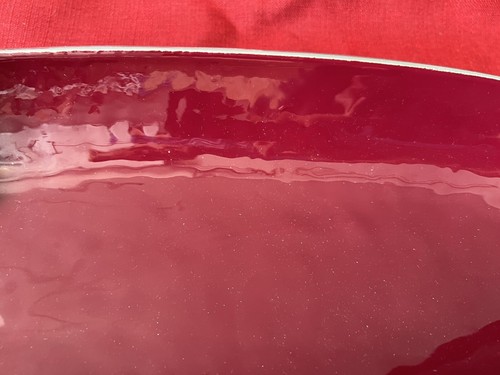 Oval Serving Bowl Burgundy Red Enamel Base Aluminum? Pewter? Flowers Butterflies - Picture 3 of 8