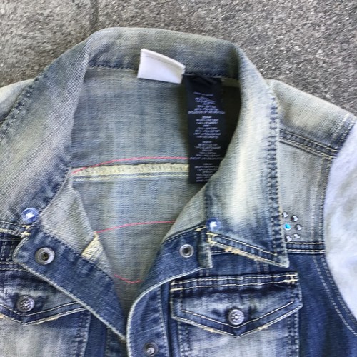Harley Davidson Women Medium Denim Jean Jacket Sweater Rhinestone *STAINED* - Picture 5 of 15