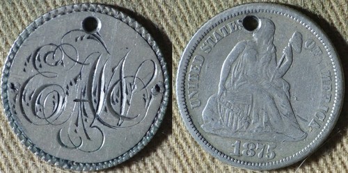 Love Token : "EAW" On 1875 Dime Fancy Letters IRTM2013