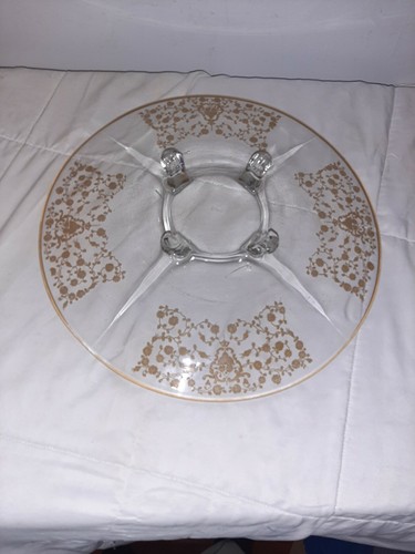 RARE Clear Gold Encrusted 4-TOED 14" Platter Cake Plate - Picture 3 of 4