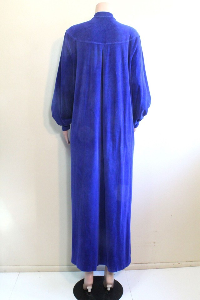 Womens L XL Blue Cotton Blend Robe Stretch Velour Zip Front L/Sleeve