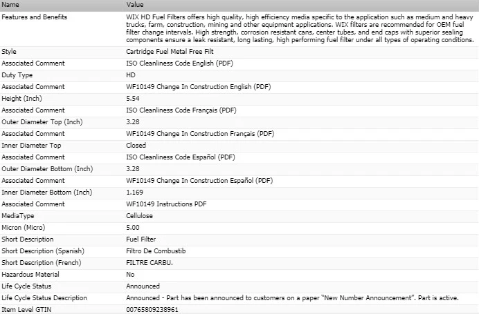 Filtro separador de agua combustible Wix para chasis Workhorse 2009 personalizado W22 V8-8,1 L Foto 2 de 4