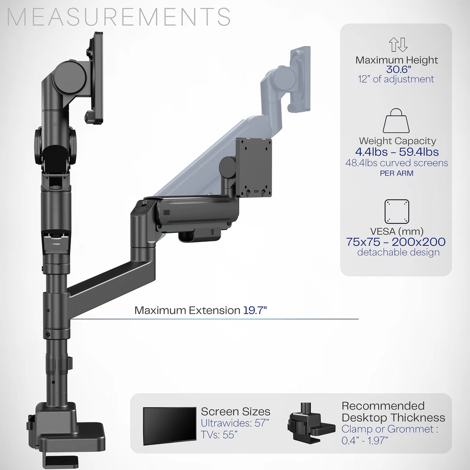 VIVO Pneumatic Dual Ultrawide Computer Monitor Desk Mount with Extension Pole - Image 3 of 4